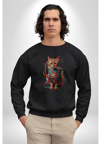 Renkli Yağlı Boya Kedi Unisex Siyah Baskılı Sweatshirt Siyah
