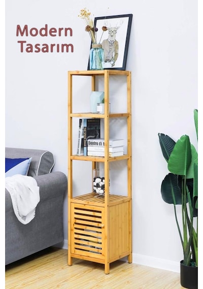 Digithome Bambu Tek Kapaklı 4 Raflı Çok Amaçlı Düzenleyici Organizer Dolap - Db-0003