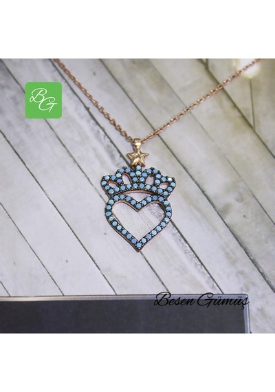 Firuze Taşlı Kraliçe Tacı Ve Kalp Temalı Kolye Rose - Gold -  Gümüş