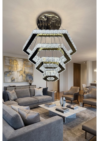 Diamond 4 Katlı Kristal Taşlı Modern Sarkıt Led Avize Çok Renkli