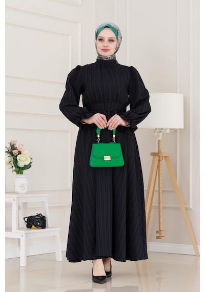 Sevitli Kolu Volanlı Kemerli Henna Elbise-siyah-5060 Siyah