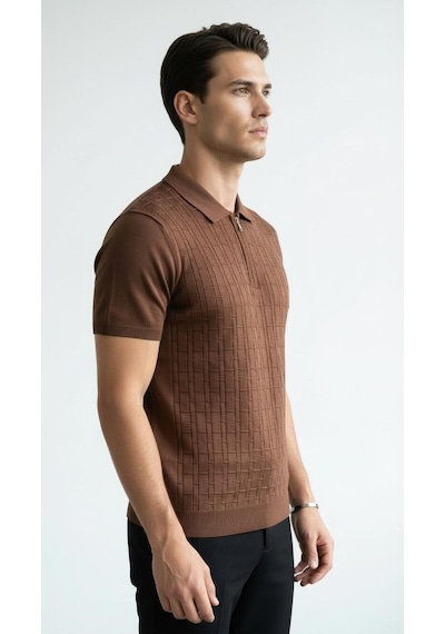 Plus Scorpion Erkek Polo Yaka Fermuarlı Triko Tişört Dokulu Slim Fit Kahverengi