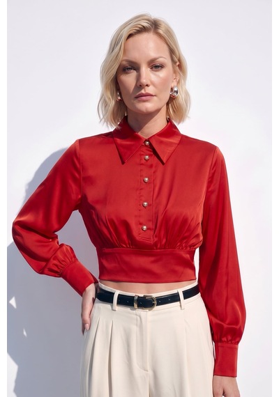 Sateen Düğme Detaylı Saten Bluz - Kırmızı-137517