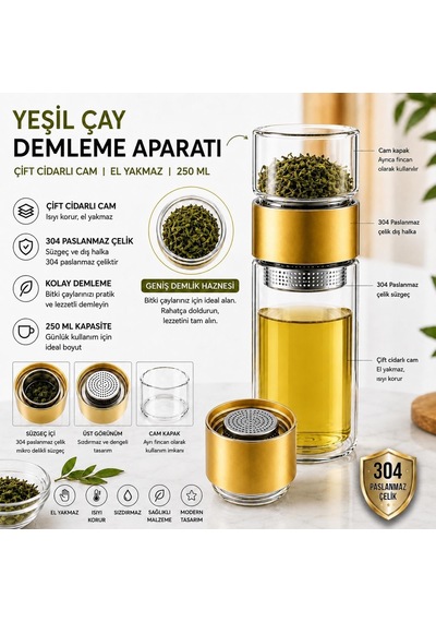 Bitki Çayı Demleme Termosu Gold, Çift Cidarlı Cam, 250 Ml Diğer