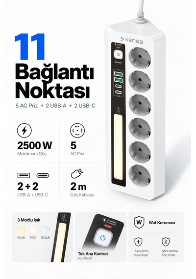 Akım Korumalı Dokunmatik Led Işıklı Priz 5'li + 2x Usb-a + 2x Usb-c 2 Metre Kablo 2 M