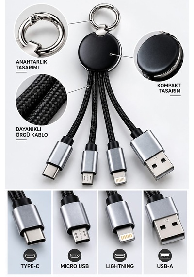 4 Başlıklı Anahtarlık Şarj Kablosu Usb Type-c Lightning Micro Usb Çoklu Şarj Kablosu