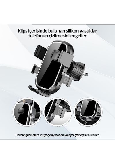 Polham Araç İçi Klipsli Havalandırma Girişli Telefon Tutucu, Üçgen Tasarımlı Kilit Sistemli Titremez Tutucu