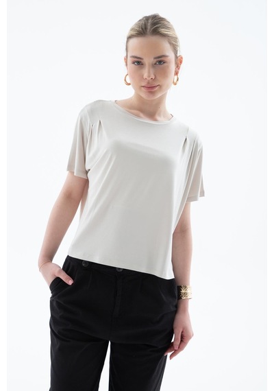 Fashion Friends Dökümlü Viskon Crop Bluz Taş Taş