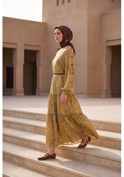 Armine Trend Kolları Düğme Detaylı Beli İpli Elbise Sarı 26yt932