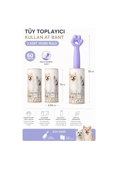 Kedi Patili Tüy Toplayıcı Sticky Roller Seti 60 Yapraklı Güçlü Yapışkanlı Kullan At Bant + 2 Adet Yedek Ru Diğer