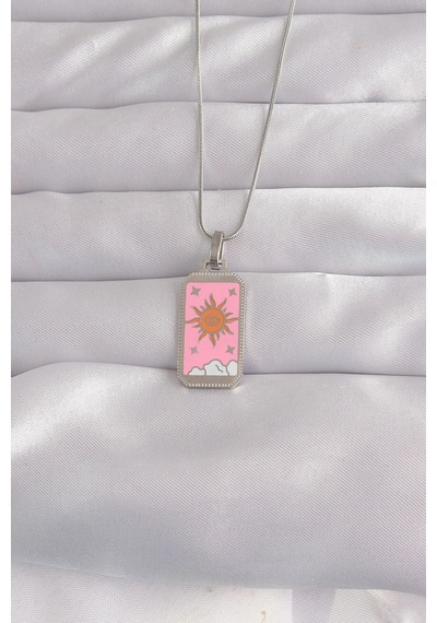 316l Çelik Gümüş Renk Pembe Mineli Güneş Model Tarot Kolye Gümüş Gümüş