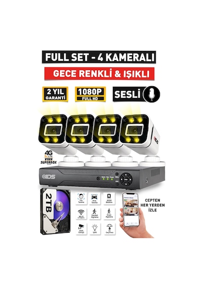Sesli - 4 Kameralı Fullhd Gece Renkli Ve Işıklı Güvenlik Kamerası - Kamera Seti 2tb Disk