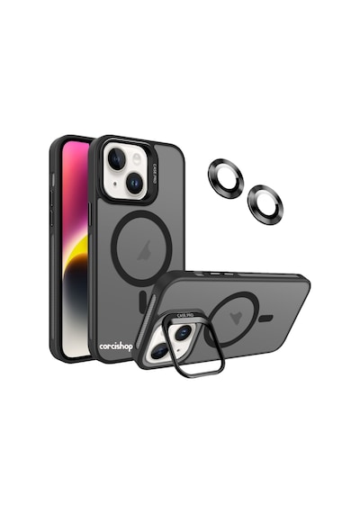 İphone 16 Plus Uyumlu Kılıf Açılır Kamera Stand Magsafeli Mat Renkli Şeffaf + Lens Koruyucu Set Siyah