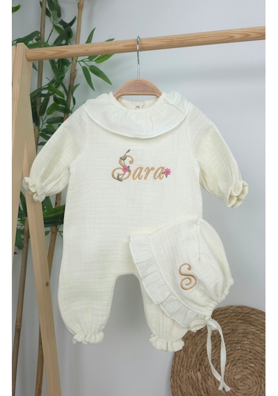 Gros Shop Müslin Yeni Doğan 4katlı Organik %100pamuk Kişiye Özgü Nakışlı Hastane Çıkış Seti Papatya Model-13 Ekru-2