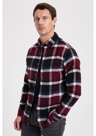 Tudors Erkek Slim Fit Dar Kesim Kareli Kışlık Oduncu Gömlek-42352 Bordo