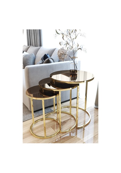 Ecoline Desing Gold Metal Kırılmaz Bronz Ayna 3'lü Zigon Sehpa Bronz