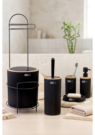 Siyah Yuvarlak Mina Due Standlı Wc Kağıtlık Ve 6 Parça Banyo Seti