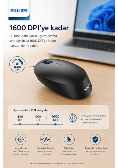 Philips SPK7407B/00 Kablosuz Bluetooth Mouse 2.4GHz Çoklu Cihaz Desteği 1600 DPI Sessiz Siyah