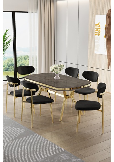 Canisa Olya Serisi 90x168 Lak Panel Antrasit İroni Masa Takımı Gold Ayaklı 6 Siyah Sandalye Antrasit İroni Masa Siyah Sandalye Canisa Olya Serisi 90x168 Lak Panel Antrasit İroni Masa Takımı Gold Ayaklı 6 Siyah Sandalye Antrasit İroni Masa Siyah Sandalye