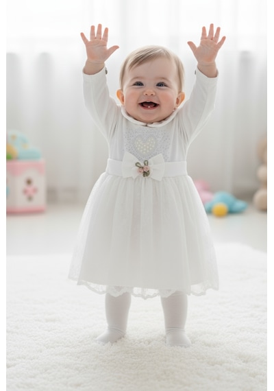 Mnk Baby & Kids Kız Bebek Taşlı Dantel Mevlit Elbise M00767 ekru