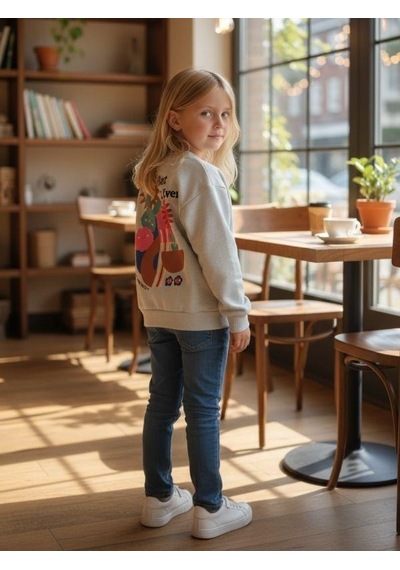 Kız Çocuk Pamuklu Tavşan Desenli İnce Uzun Kollu Sweatshirt-16335 Yeşil