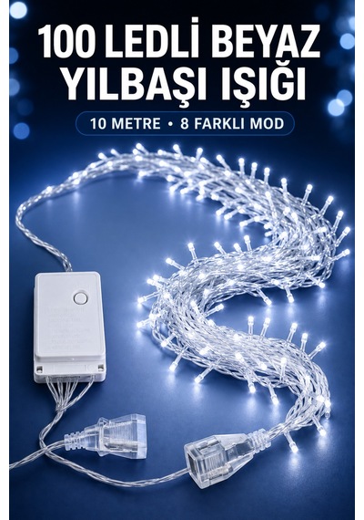 100 Led Beyaz Yılbaşı Işığı 10 Metre 8 Modlu Animasyonlu Eklenebilir Dekoratif Aydınlatma Işık Seti
