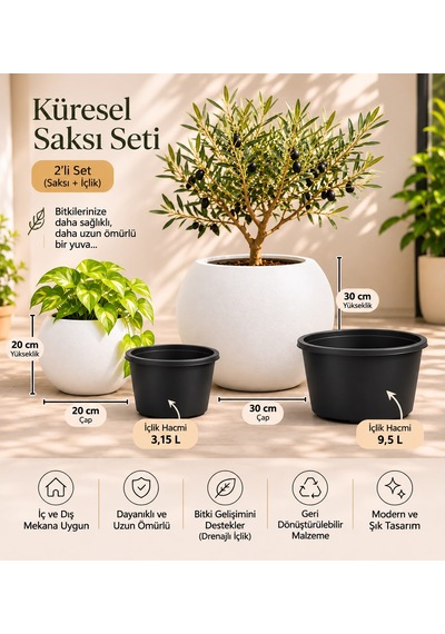2 Li Küresel Saksı Seti Beyaz 20 Cm Ve 30 Cm Dekoratif Saksı, Siyah İçlikli, Modern Yuvarlak Saksı Takımı -