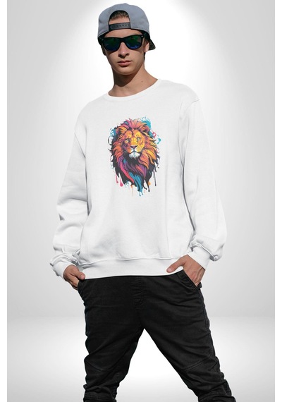Renkli Yağlı Boya Aslan Unisex Beyaz Baskılı Sweatshirt Beyaz