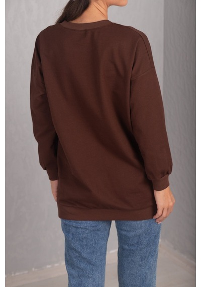 Armonika Kadın Kahve Önü Yazılı Yuvarlak Yaka Oversize Uzun Kol Sweatshirt Arm-24k024005
