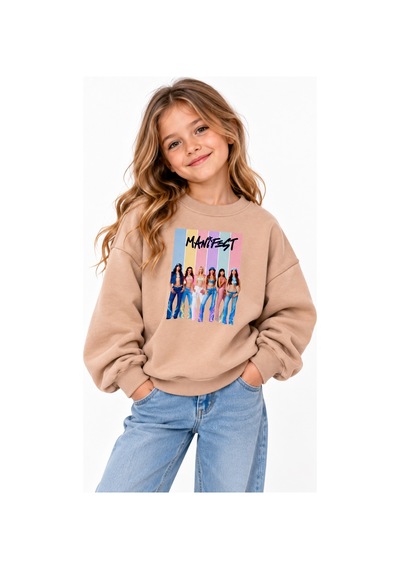 Fasardi Super Bear Adventure Baskılı Oversize 3 İplik Şardonsuz Uzun Kollu Unisex Çocuk Sweatshirt Bej