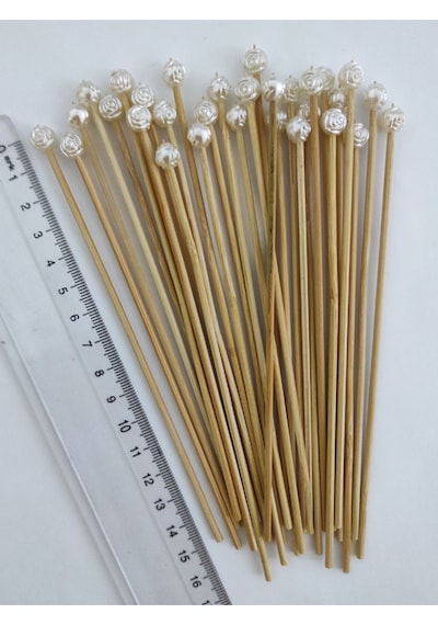 15 Cm Uzun Kürdan - 30 Adet Dekoratif Küçük Gül İnci Boncuklu Kokteyl Kürdanı
