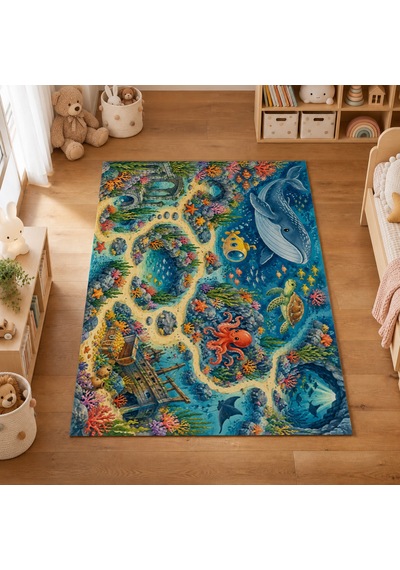 Kartela Halı Okyanus Keşfi Çocuk Oyun Halısı Kaymaz Dot Taban Yıkanabilir 180 X 270 Cm