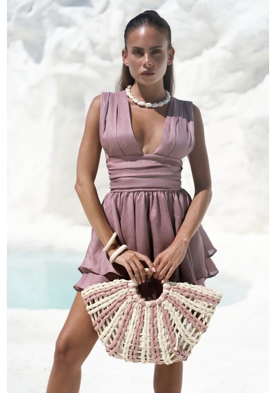 Mai Collection Mai Studios Co. Zaneta Korsaj Detaylı Açık Bordo Keten Mini Elbise Açık Bordo