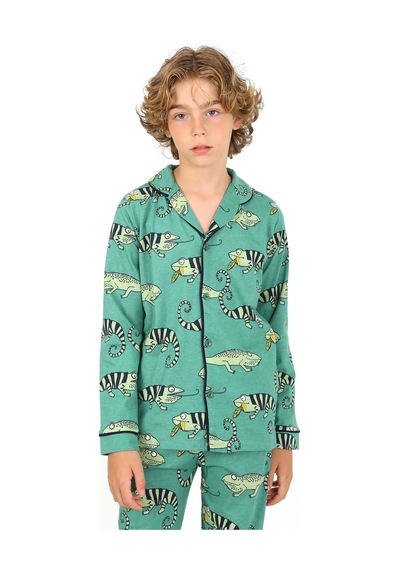 Vitmo Erkek Çocuk Pijama Takımı Düğmeli Tropikal Desen Uzun Kollu Yeşil