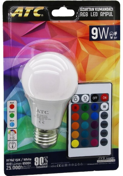 Atc-rgb-9w Kumandalı 9w 60w Rgb 16-renkli Led Ampul E27 800 Lümen 6500k 25.000 Saat Ömür 5570 Diğer