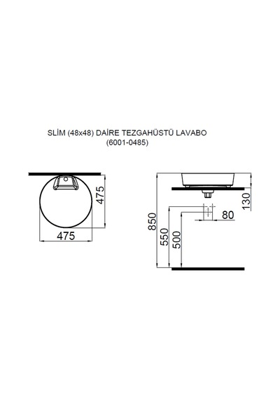 Slım Daire Tezgahüstü Lavabo 48x48 Beyaz