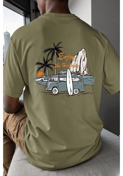 Genius Store Erkek Tişört Pamuklu Kumaş Sırt Baskılı Tişört Sokak Modası Rahat Kalıp T-shirt Vosvos-haki