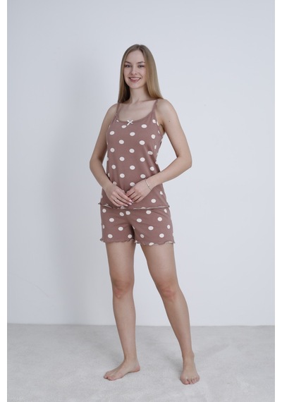 Mihra Kadın İp Askılı Şortlu Yazlık Pijama Takımı Kahverengi