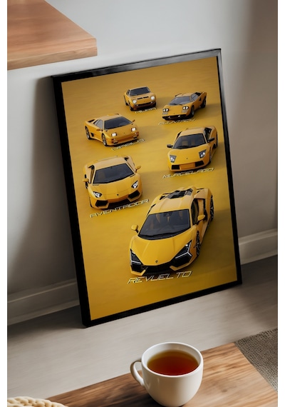 Lamborghini Family Araba Siyah Ahşap Çerçeveli Poster, Dekoratif Duvar Tablosu