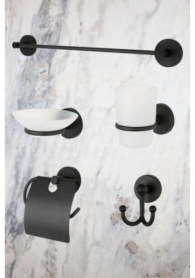 MultiStore Siyah 5'li Banyo Aksesuar Seti Uzun Havluluk/tuvalet Kağıtlığı/bornoz Askısı/sabunluk/diş Fırçalık Siyah