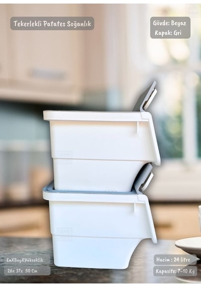 2 Li Gri Tekerlekli Sebzelik Patates Soğan Sepeti Modern Organizer Patateslik Basic Soğanlık 24 L Gri-beyaz