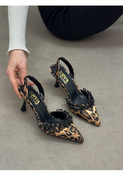 Ervanın Butiği Leopar Saten Cecily İnci Detay Kadın Stiletto-6234