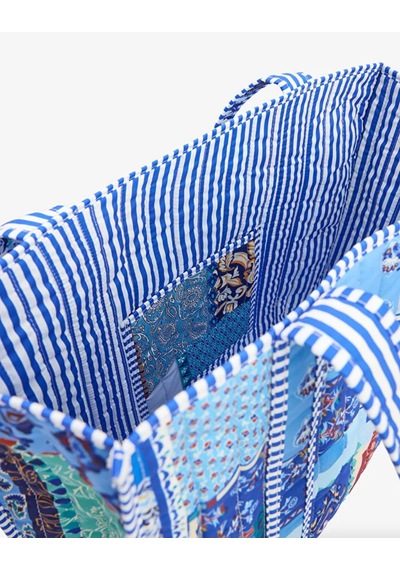 İcone Bag Patch Yama Desen Baskılı Kapitoneli Plaj Çantası, İçi Çizgili Baskılı Shopper Çanta, Pembe Plaj Çantası Mavi