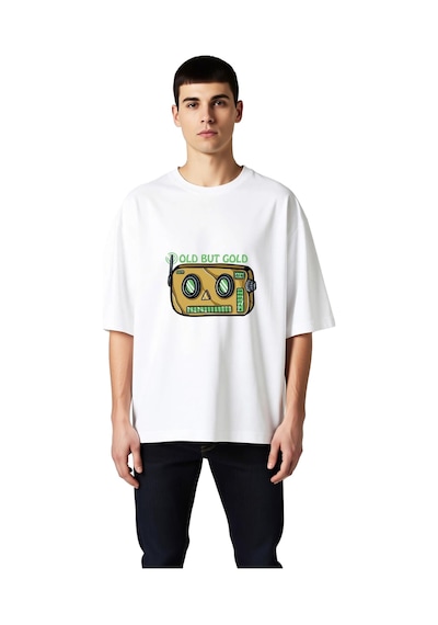 Paybuy Eski Ama Altın Tasarımı Baskılı Erkek Oversize Tişört Beyaz