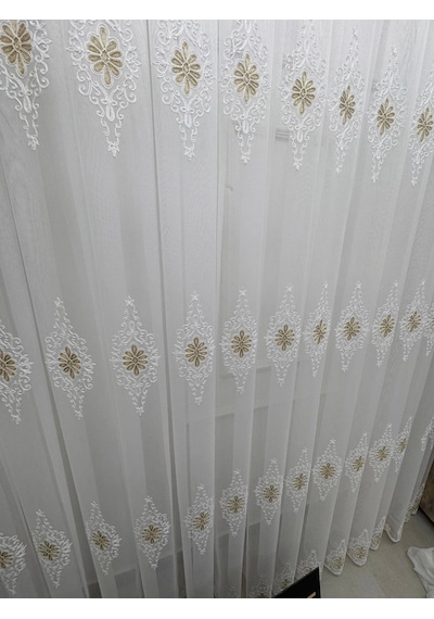 Nivemeshome Süzene 1950 Gold Detaylı 1/3 Sık Pileli Tül Perde Apm Ekru - Gold