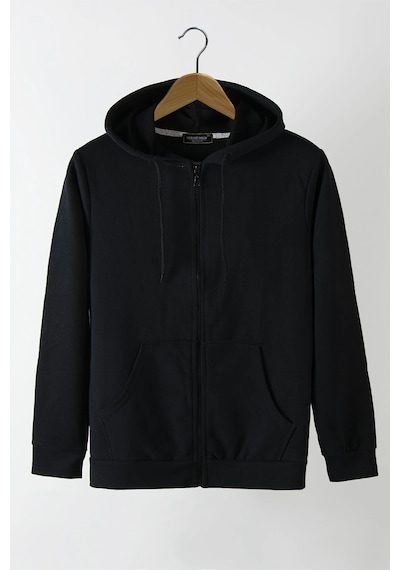 Relax&Basic Ünisex Basic Slim Fit Kapüşonlu Fermuarlı Cepli Sweatshirt Siyah Siyah