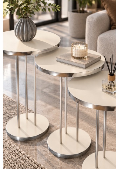 Sulorahome Gümüş Metal Ayaklı Krem Bej 3'lü Yuvarlak Zigon Sehpa Takımı