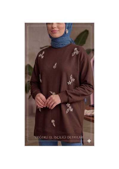 Butik Kadın Boncuk Taş İşlemeli Sweatshirt Kahverengi Kahverengi