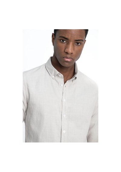Tudors Slim Fit Uzun Kol Biyeli Yaka Düğmeli Keten Erkek Taş Gömlek-26907-taş Rengi Taş