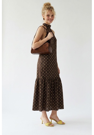 Mixray 4927 Kadın Puantiye Desenli Halter Yaka Maxi Elbise Kahve